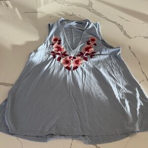 Alya Light Blue V-Neck Tank with Pink Floral Embroidery